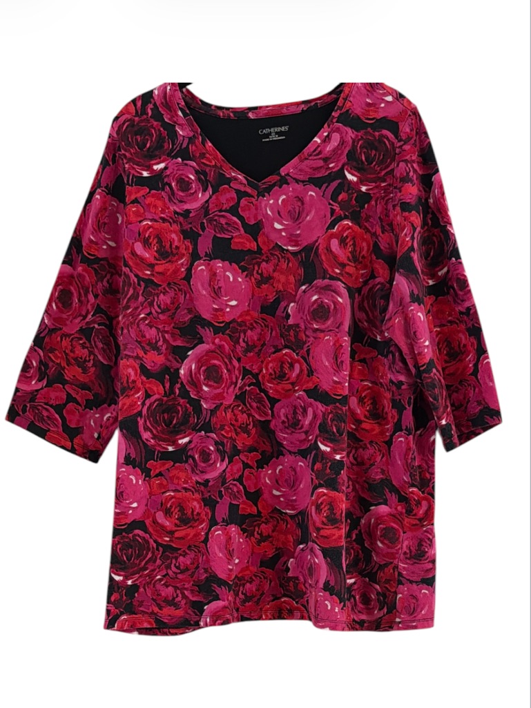 Catherines Rose Floral V-Neck Top Black Pink Red 3/4 Sleeve Size 14/16